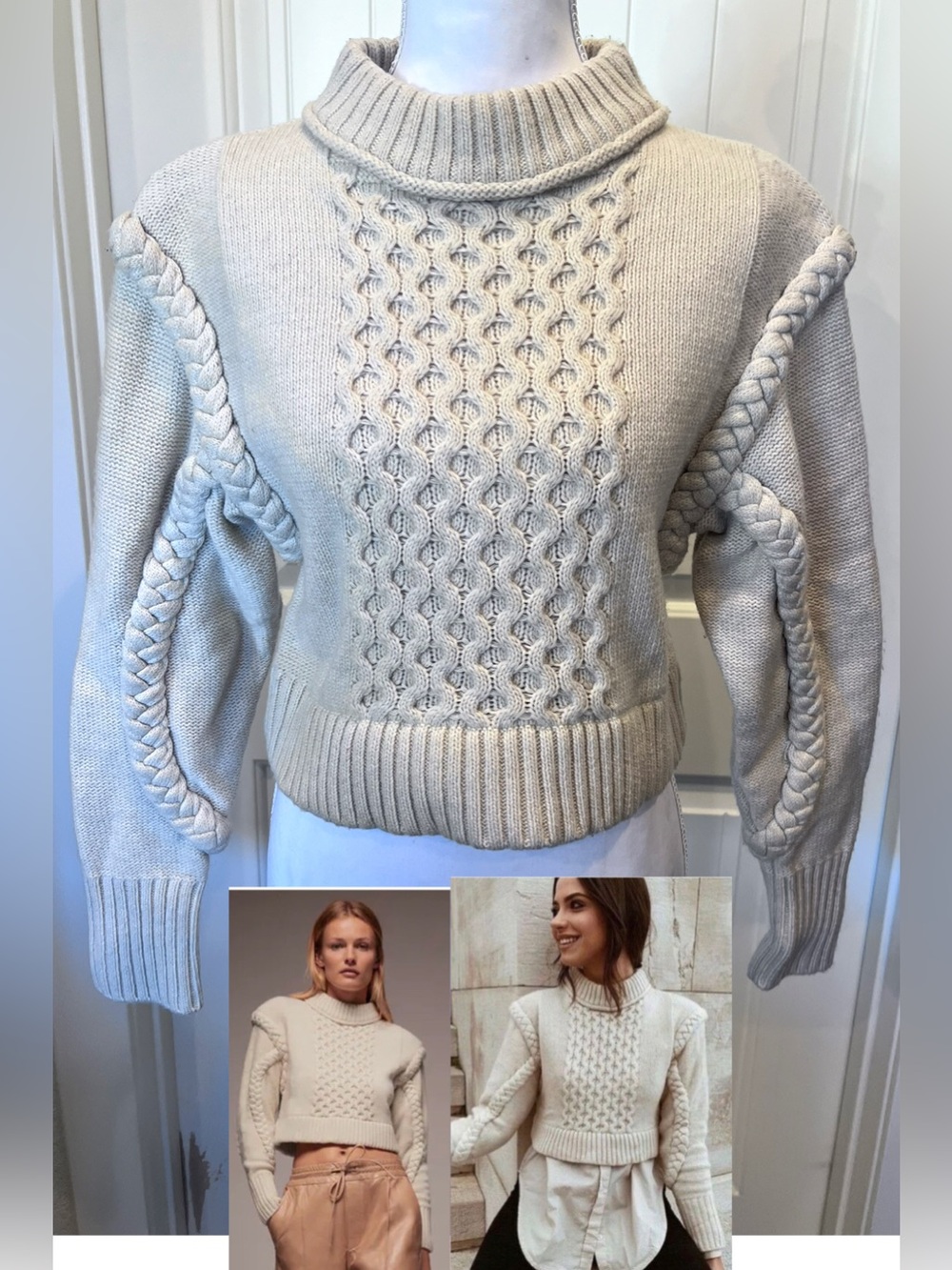 Zara cropped ecru cable-knit sweater braided detailing wool blend Sz Medium
